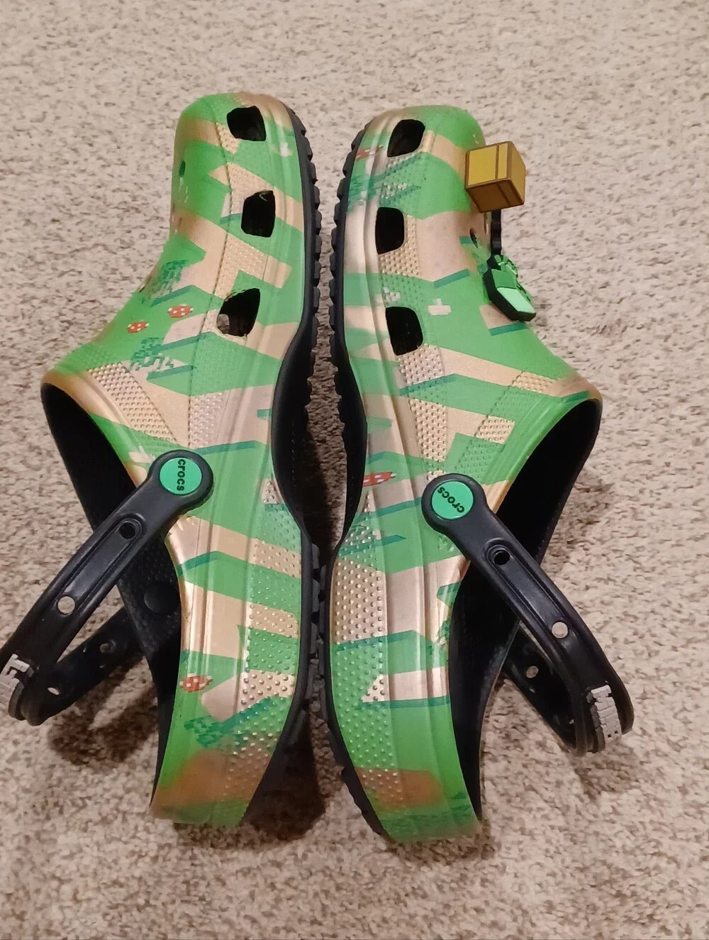 Crocs Minecraft Classic Clogs featuring a green and gold terrain & Jibbitz